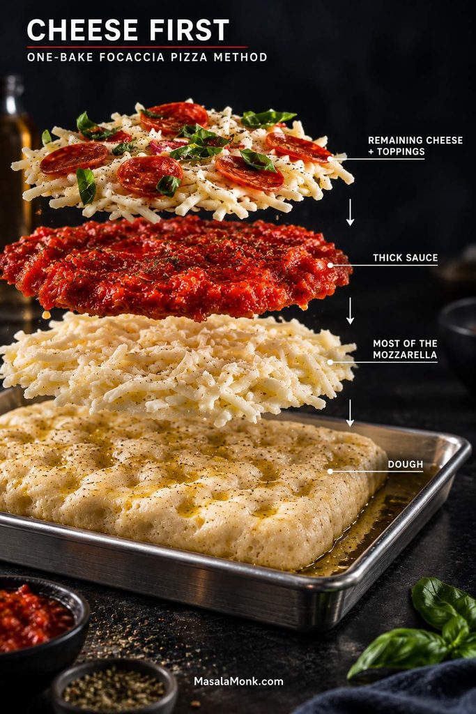 Exploded focaccia pizza assembly showing dough at the bottom, most of the mozzarella above it, thick tomato sauce, and remaining cheese and toppings at the top.