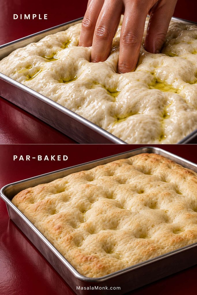 Oiled focaccia dough being pressed into dimples beside a lightly colored par-baked crust that is set but not fully finished.