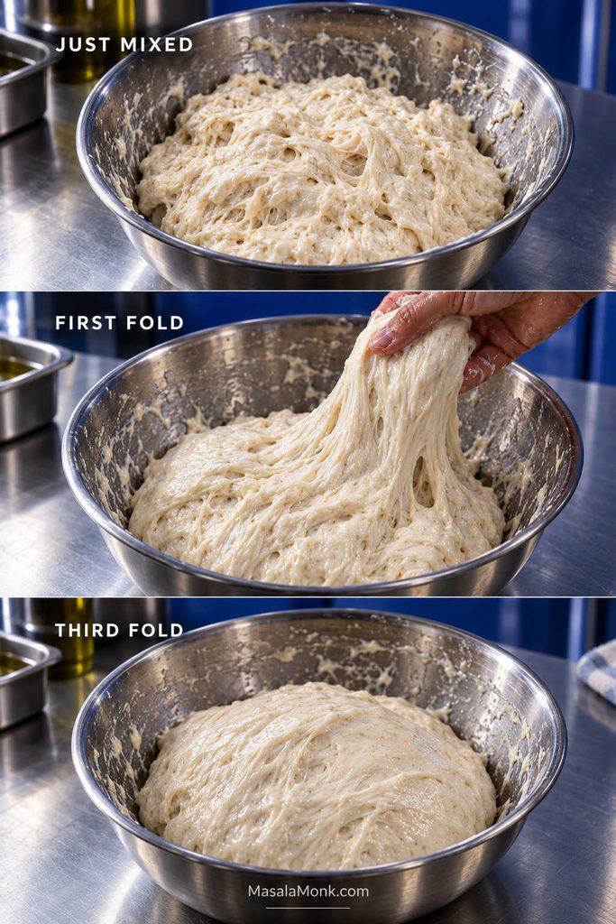 Three stages of focaccia pizza dough labeled just mixed, first fold, and third fold, showing the dough becoming smoother and more structured.
