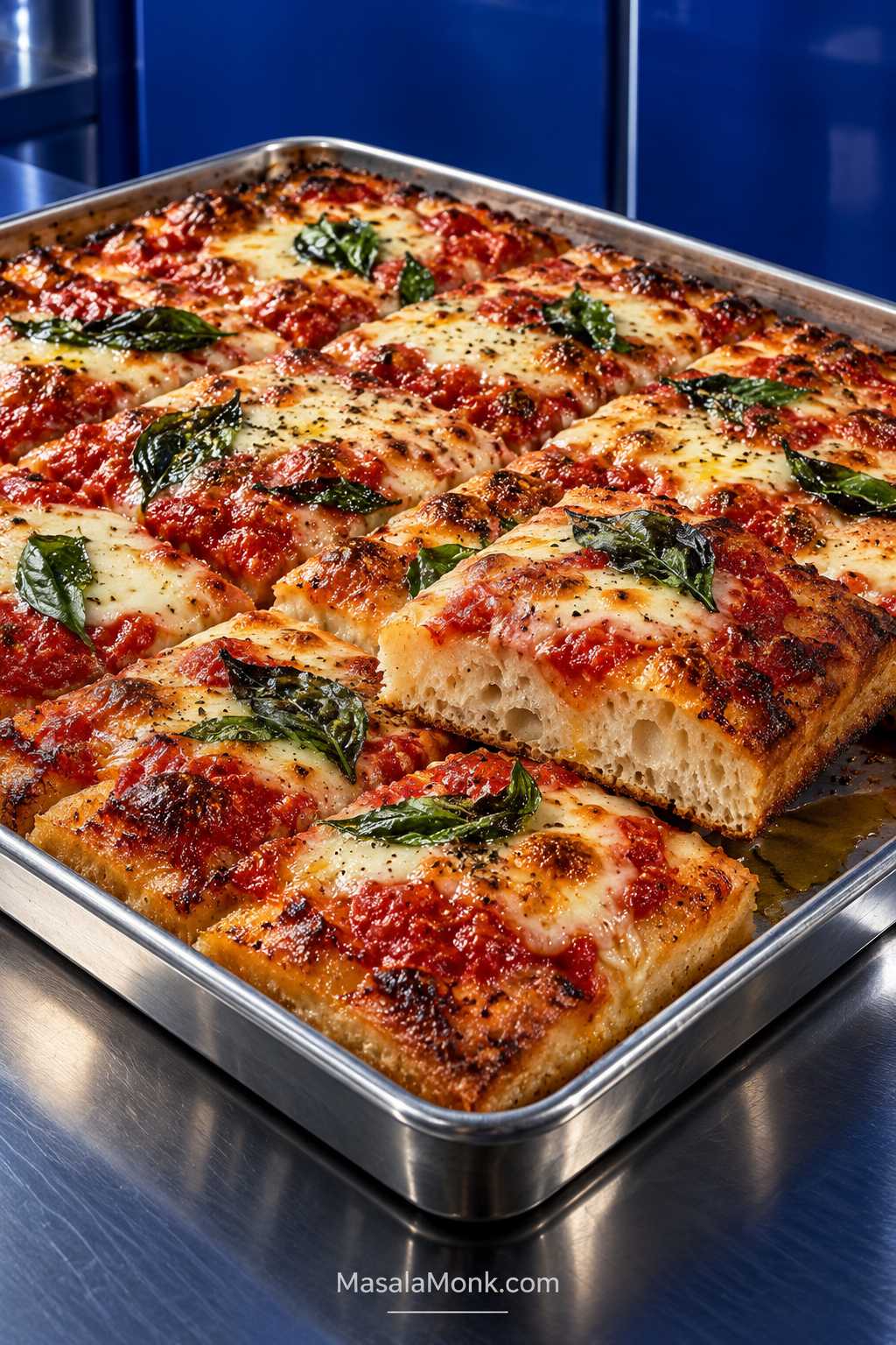 Sheet-pan focaccia pizza with browned edges, tomato sauce, melted mozzarella, basil, and one cut square showing the airy bread interior.