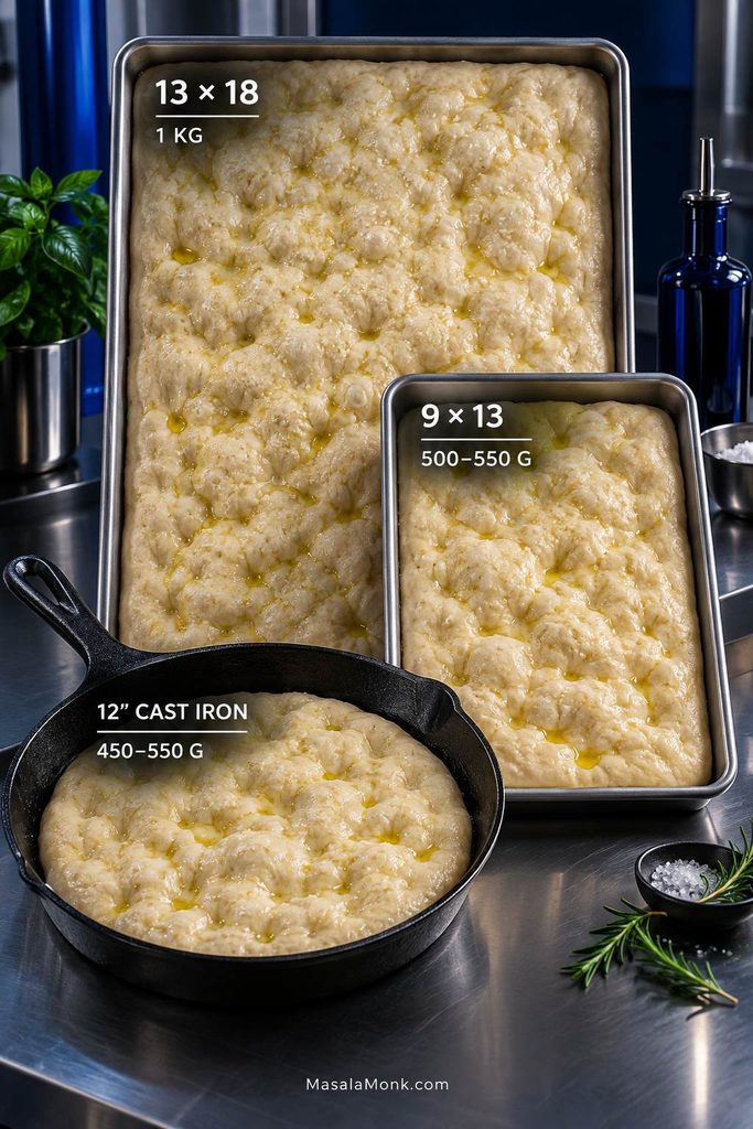 Comparison of a 13 × 18-inch half-sheet, 9 × 13-inch pan, and 12-inch skillet showing different focaccia dough amounts.