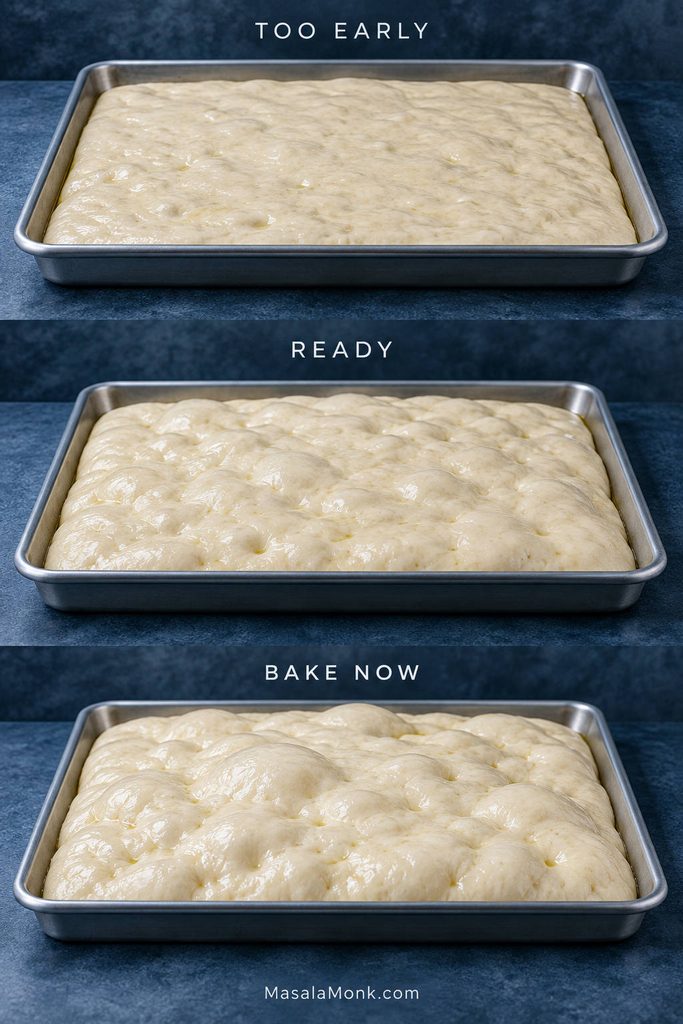 Three stages of focaccia dough in metal pans labeled too early, ready, and bake now, showing increasing puffiness and bubbling.