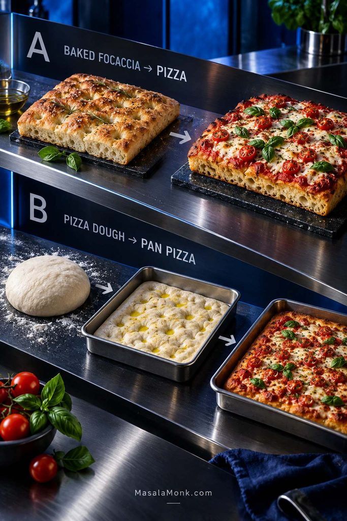 Two focaccia pizza routes shown together: baked focaccia turned into pizza, and pizza dough stretched into an oiled pan and baked as pan pizza.