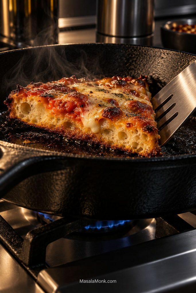 Cooked focaccia pizza slice reheating in a black cast-iron skillet with a metal spatula, browned crust against the pan and melted cheese on top.
