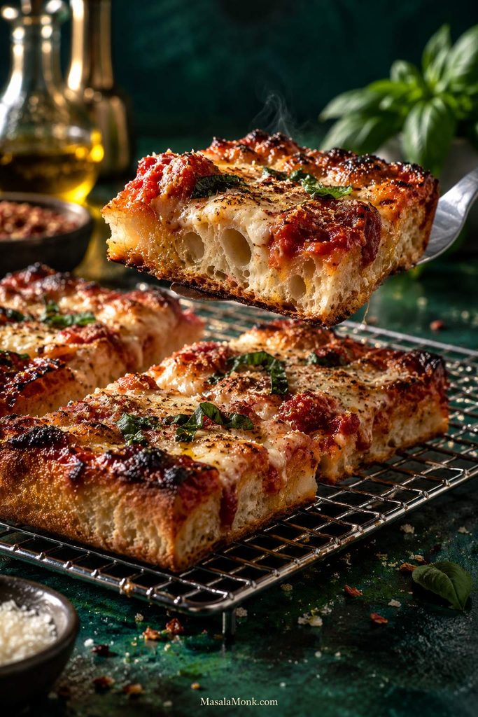 Fresh focaccia pizza resting on a wire rack while one square is lifted with a spatula, showing melted cheese, airy crumb, and browned crust.
