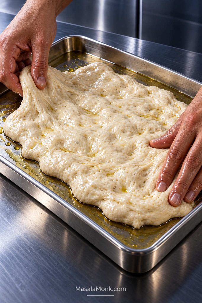 Hands gently stretching soft focaccia dough across an oiled metal sheet pan, with the dough still short of some corners.
