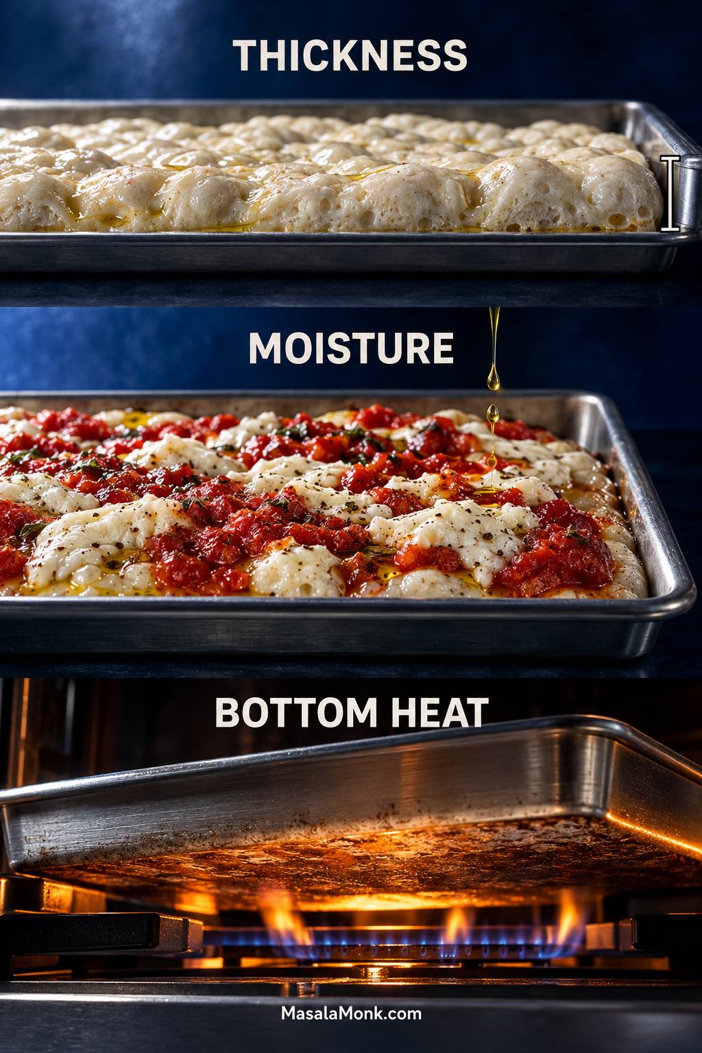 Three-part focaccia pizza guide illustrating dough thickness in the pan, moisture from sauce and toppings, and heat reaching the underside of the pan.