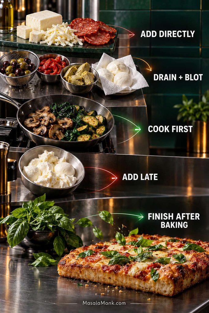 Topping guide grouping ingredients by preparation method, including add directly, drain and blot, cook first, add late, and finish after baking.