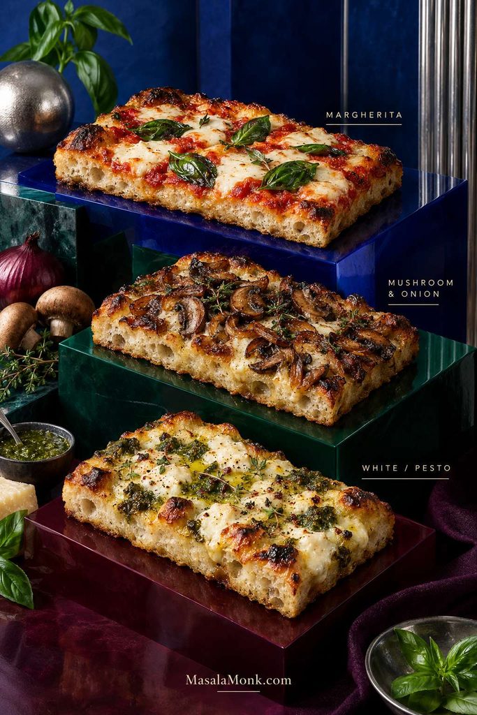 Three focaccia pizza variations shown together: Margherita with tomato, mozzarella and basil; mushroom and onion; and white pizza with pesto and cheese.