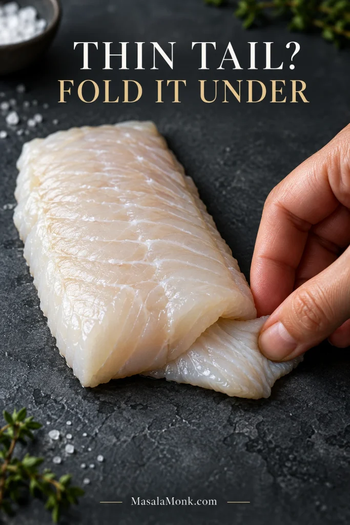 A hand tucks the thin tapered end of a boneless cod fillet underneath to make the piece more even in thickness.