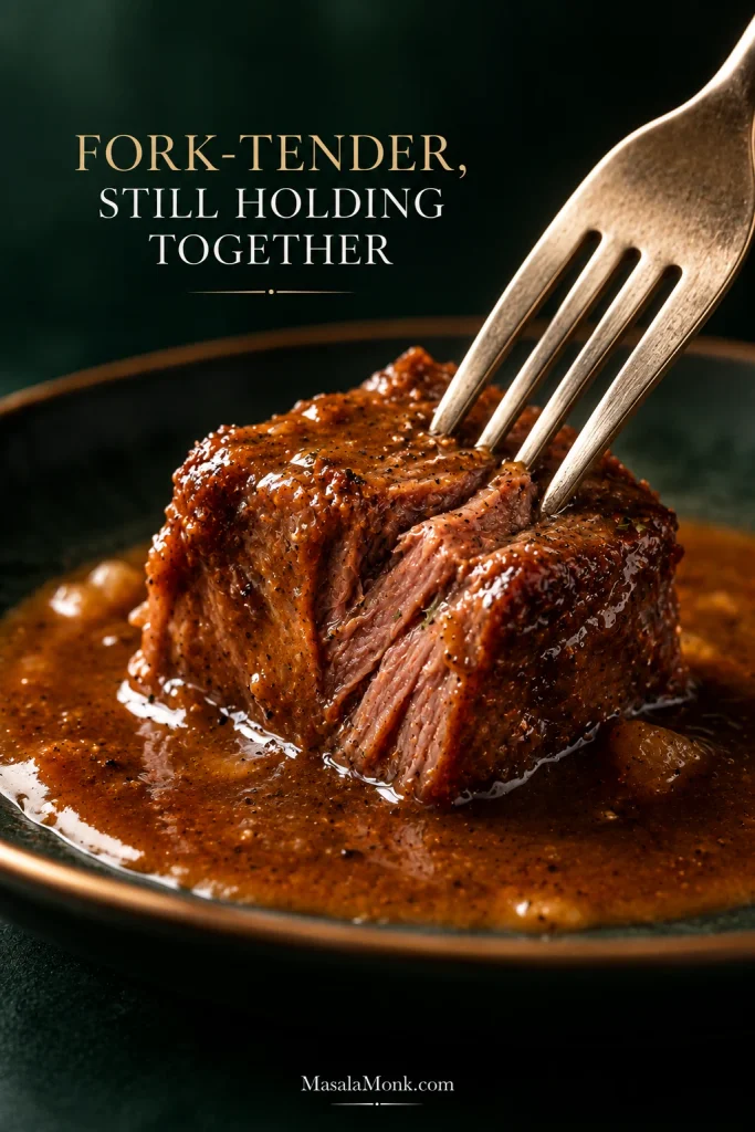 Fork inserted into an intact cube of cooked beef coated in gravy, with tender interior fibers visible while the cube keeps its shape.