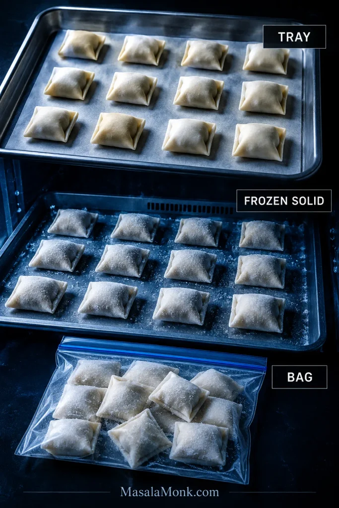 Three-stage freezer workflow labeled Tray, Frozen Solid and Bag, showing wontons spaced on a tray, frozen firm and then transferred to a freezer bag.
