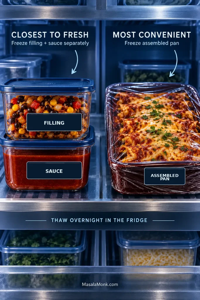 Freezer comparison showing cooked black bean and vegetable filling stored separately with red sauce on one side and a wrapped fully assembled pan of sauced, cheese-topped enchiladas on the other.