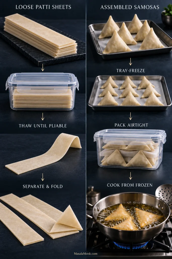 Two-lane freezing guide showing long samosa patti strips stored and thawed before folding, alongside assembled raw samosas tray-frozen, packed and cooked from frozen.