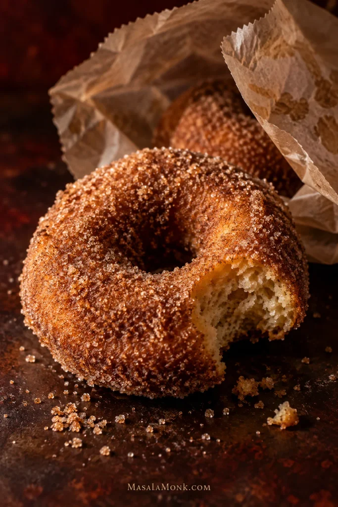 Cinnamon-sugar apple cider donut with a bite missing beside an open bakery paper bag containing another donut.