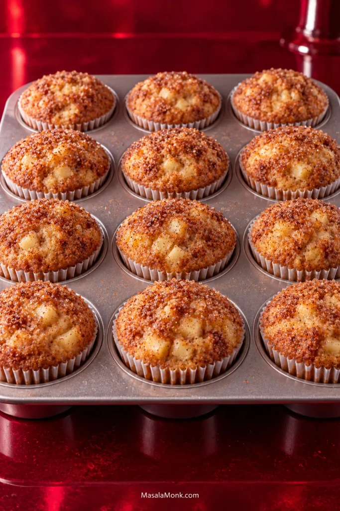 Twelve baked apple cinnamon muffins in a metal pan with golden rounded crowns that vary slightly in height.