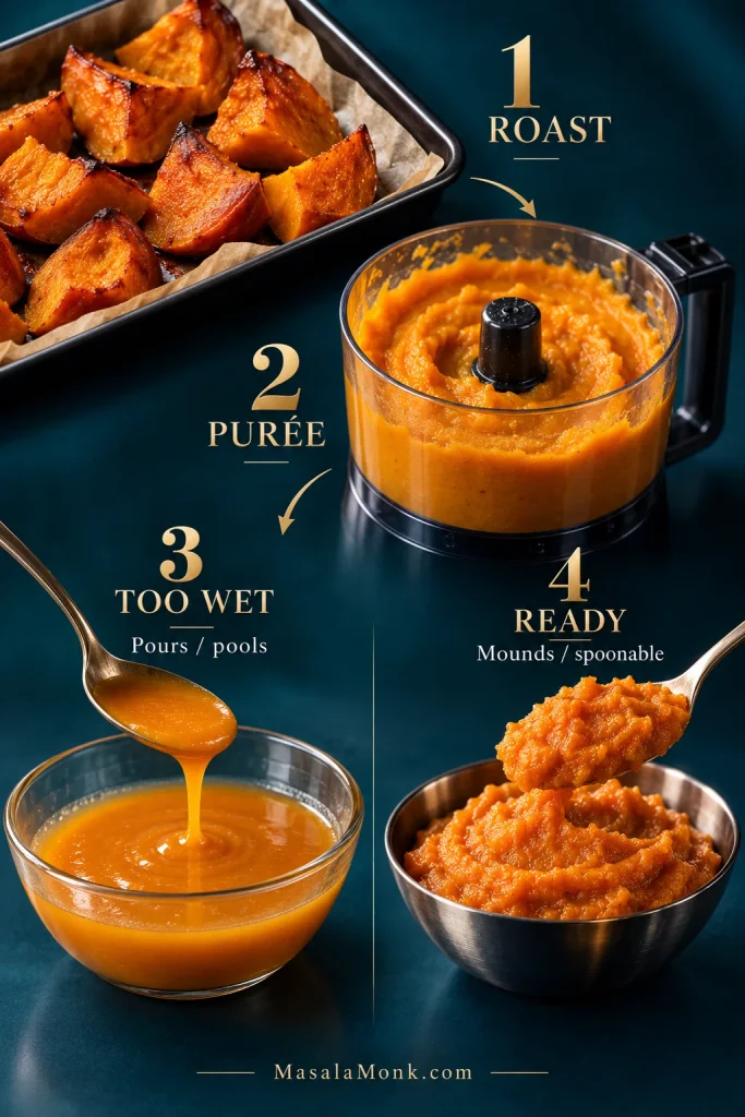 Petrol-teal process scene showing roasted pumpkin, smooth purée, watery purée that pours and pools, and thick ready purée that mounds on a spoon.