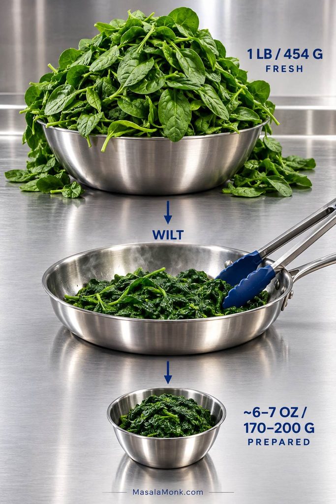 Three-stage visual showing a large pile of fresh spinach collapsing in a skillet and ending as a much smaller portion of drained cooked spinach.