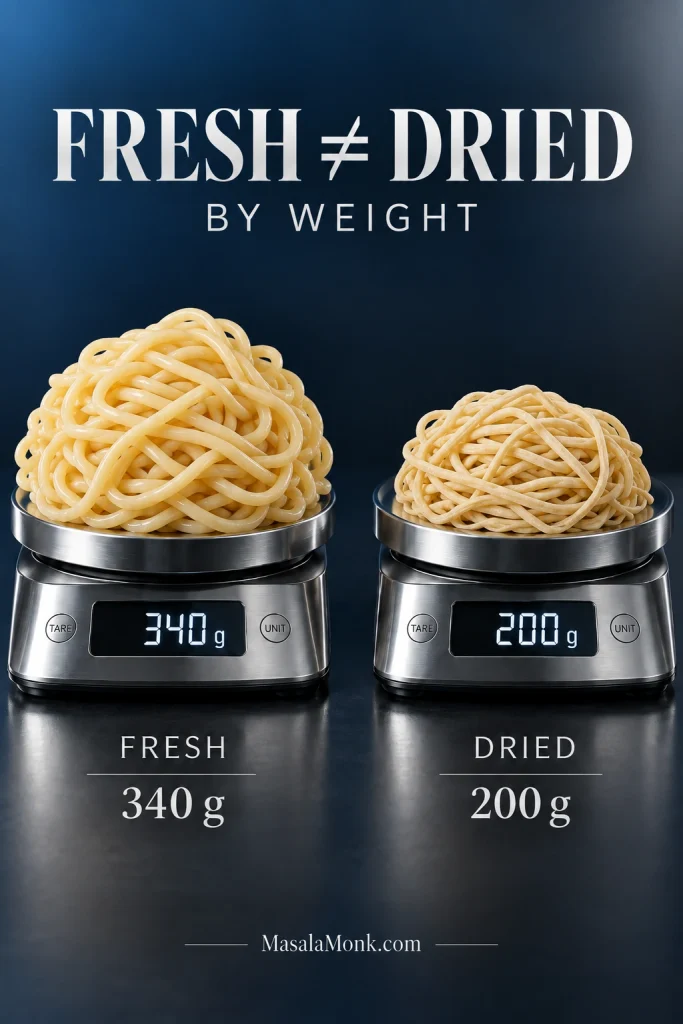 Fresh lo mein noodles weighing 340 grams and dried noodles weighing 200 grams on matching stainless-steel digital scales.