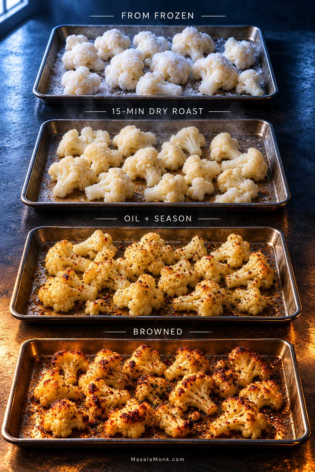 A vertical four-stage sequence showing frozen cauliflower, partially roasted florets after a 15-minute dry roast, seasoned florets with a light oil coating, and finished browned cauliflower.