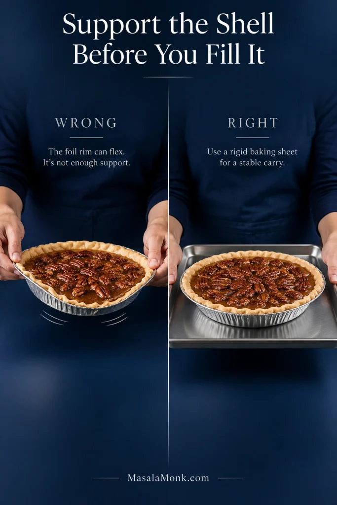 Comparison showing a filled disposable foil pie shell flexing when lifted by its rim and the stable method of supporting and carrying the shell on a rigid baking sheet.
