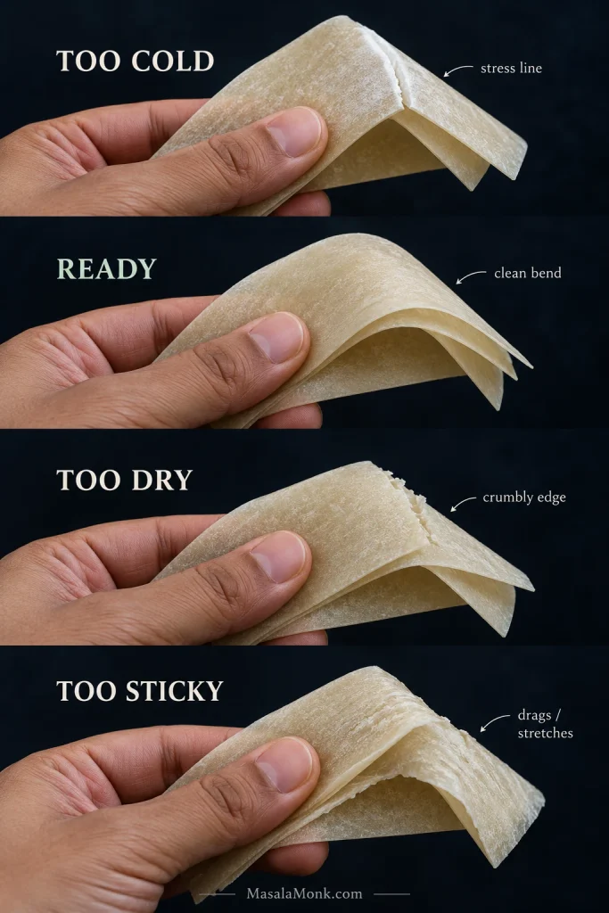 Four-state frozen samosa patti comparison showing a cold cracking sheet, flexible ready sheet, dry crumbly sheet and sticky stretching sheet.