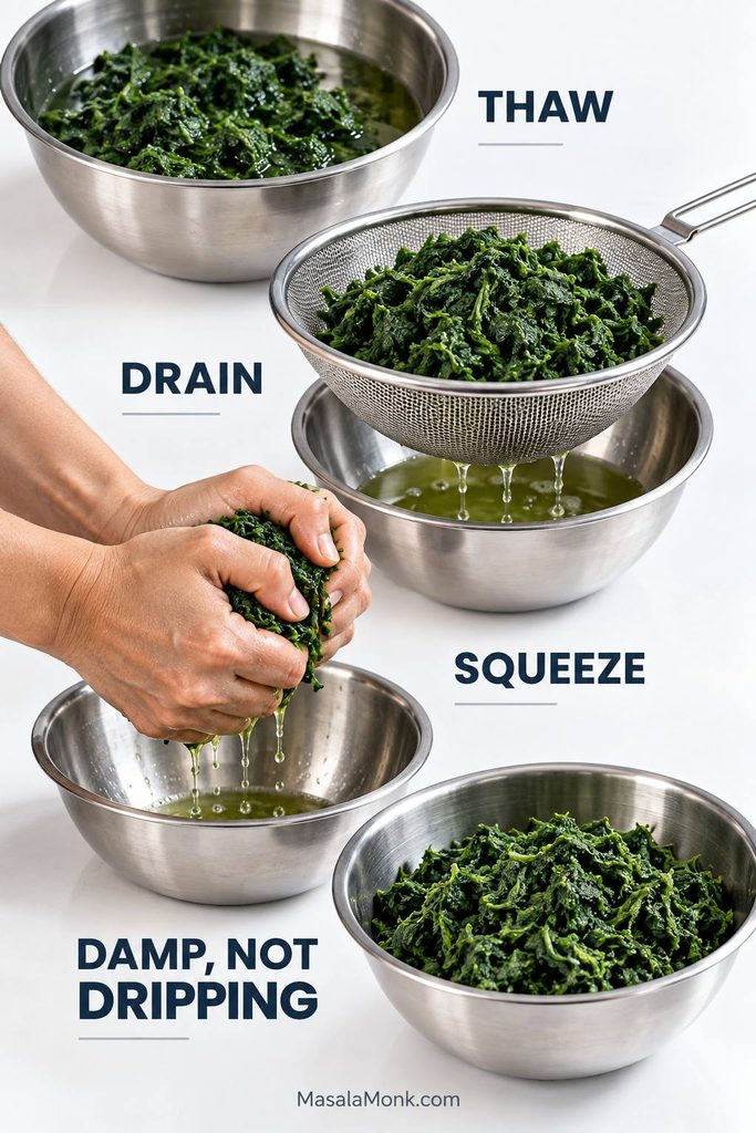 Four-step frozen spinach process showing thawing, draining in a strainer, squeezing by hand, and loosening the drained greens.