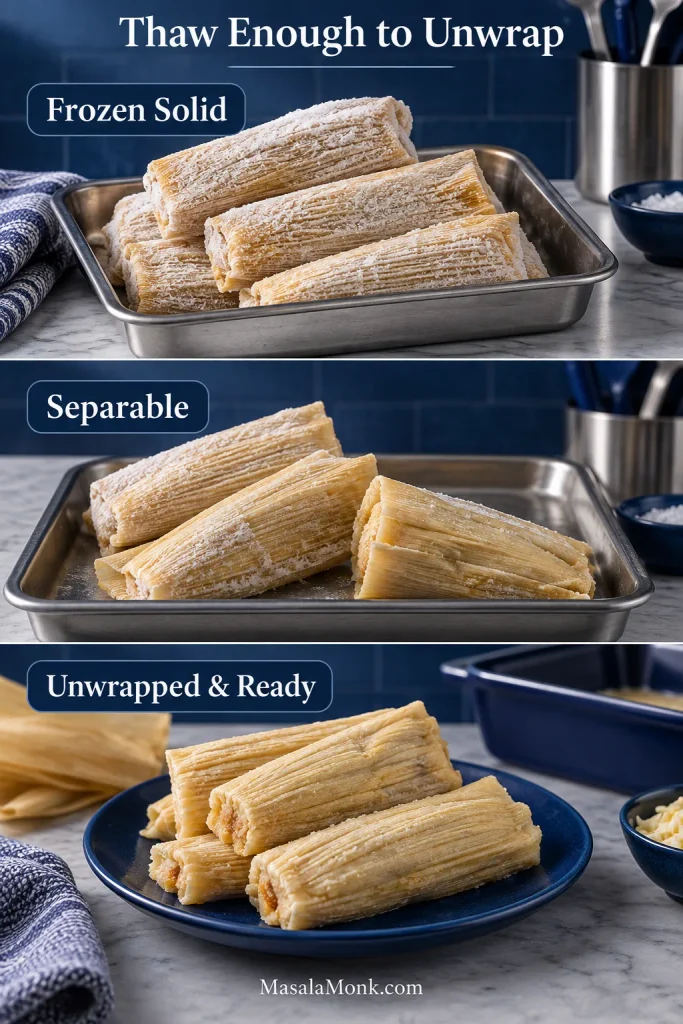 Three-stage guide showing fully cooked frozen tamales from frozen solid to separable and finally unwrapped and ready for tamale casserole.