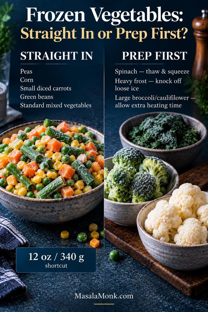 Frozen vegetable guide showing peas, corn, diced carrots and green beans used directly from frozen, while spinach, heavy frost and large broccoli or cauliflower pieces need extra preparation.