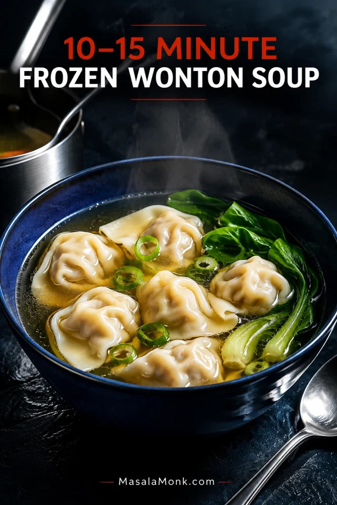 Finished bowl of quick frozen wonton soup with clear broth, enclosed wontons, greens and scallions, labeled “10–15 Minute Frozen Wonton Soup.”