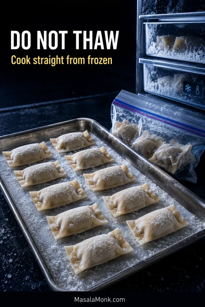 Frosted homemade wontons spaced apart in a cold freezer setting with the text “Do Not Thaw” and “Cook straight from frozen.”