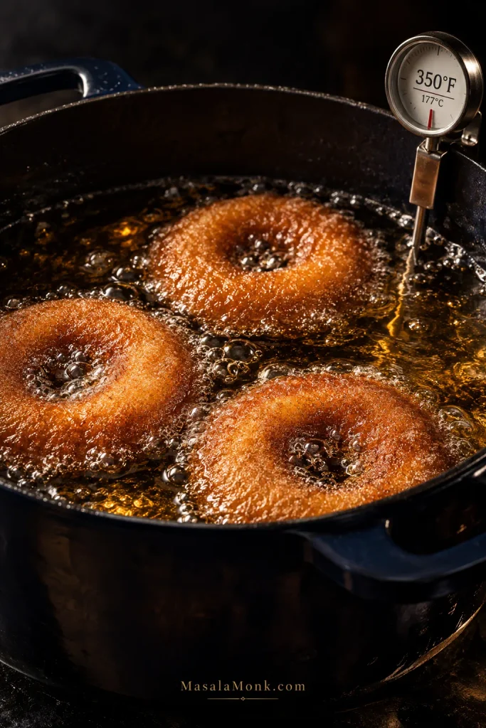 Three apple cider donut rings frying in bubbling oil with a thermometer reading 350°F / 177°C.