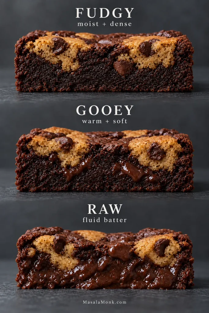 Three Brookie cross-sections showing a dense fudgy center, a softer gooey center and an underbaked fluid brownie center.