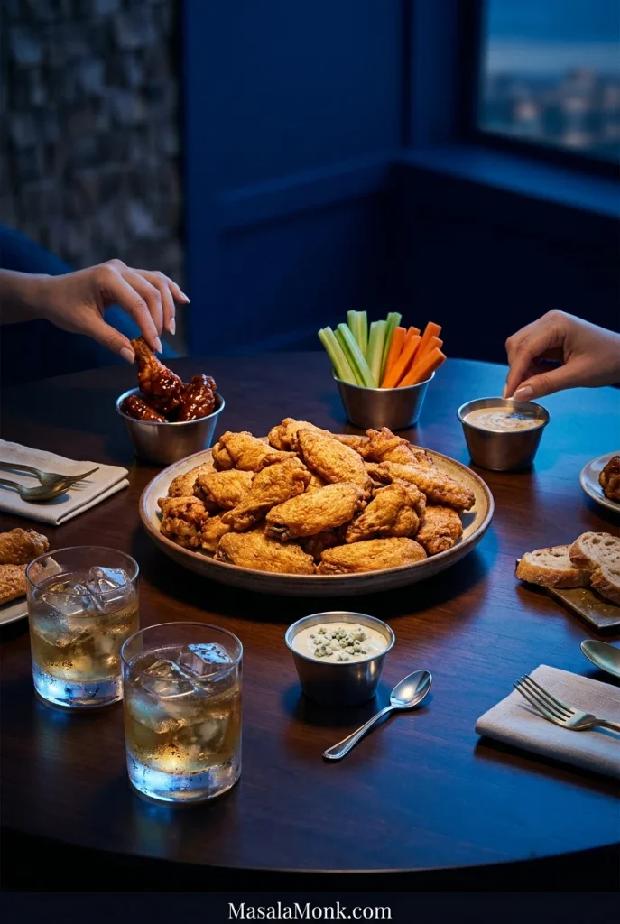 Large game-day table centered on a platter of baked chicken wings, with a smaller sauced portion, celery, carrots, dips, cold drinks and hands reaching for food.