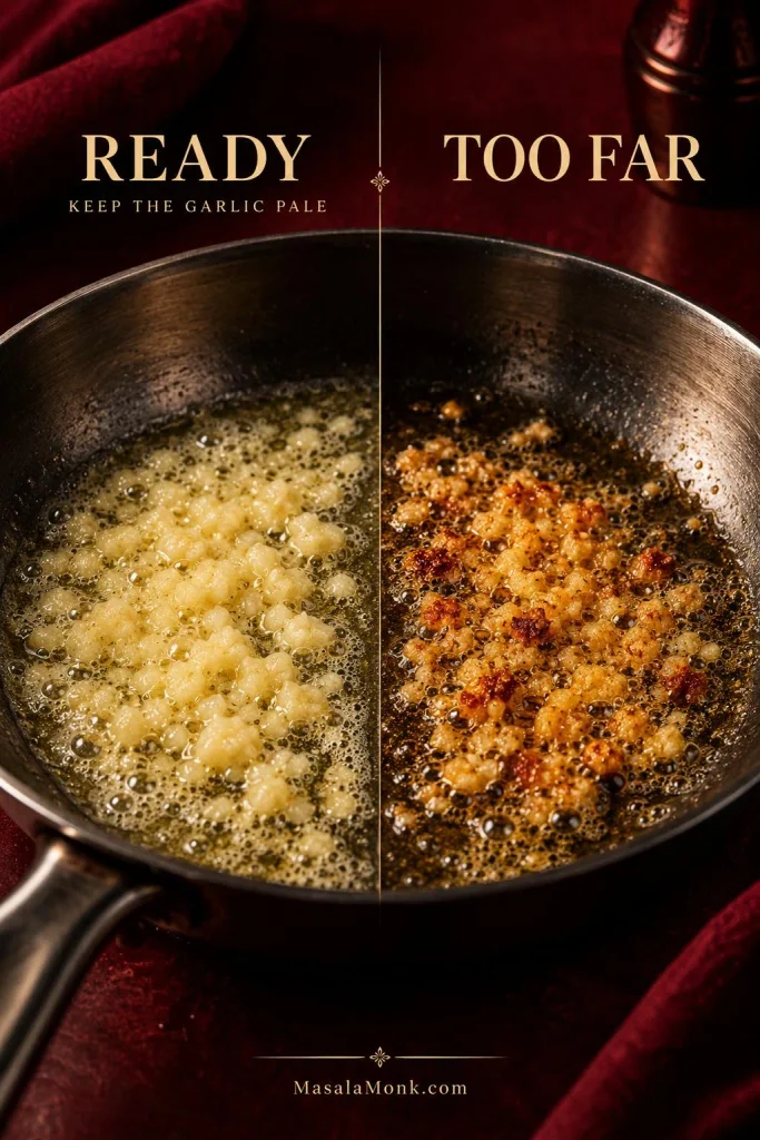 Side-by-side skillet comparison of pale minced garlic in butter labeled “Ready” and darker browned garlic labeled “Too Far.”