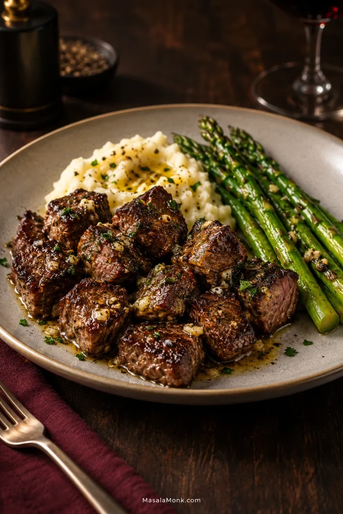 Garlic butter steak bites served with creamy mashed potatoes and asparagus on a restaurant-style plate over a dark wooden table.