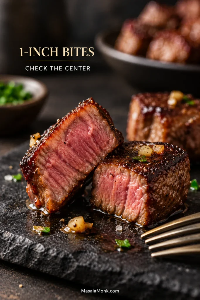 Two 1-inch steak bites cut open to show deeply browned crusts and rosy, juicy centers, with text reminding cooks to check the center.