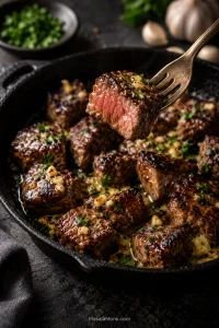 Garlic butter steak bites in a cast-iron skillet, with one lifted bite showing a dark seared crust and juicy pink center.