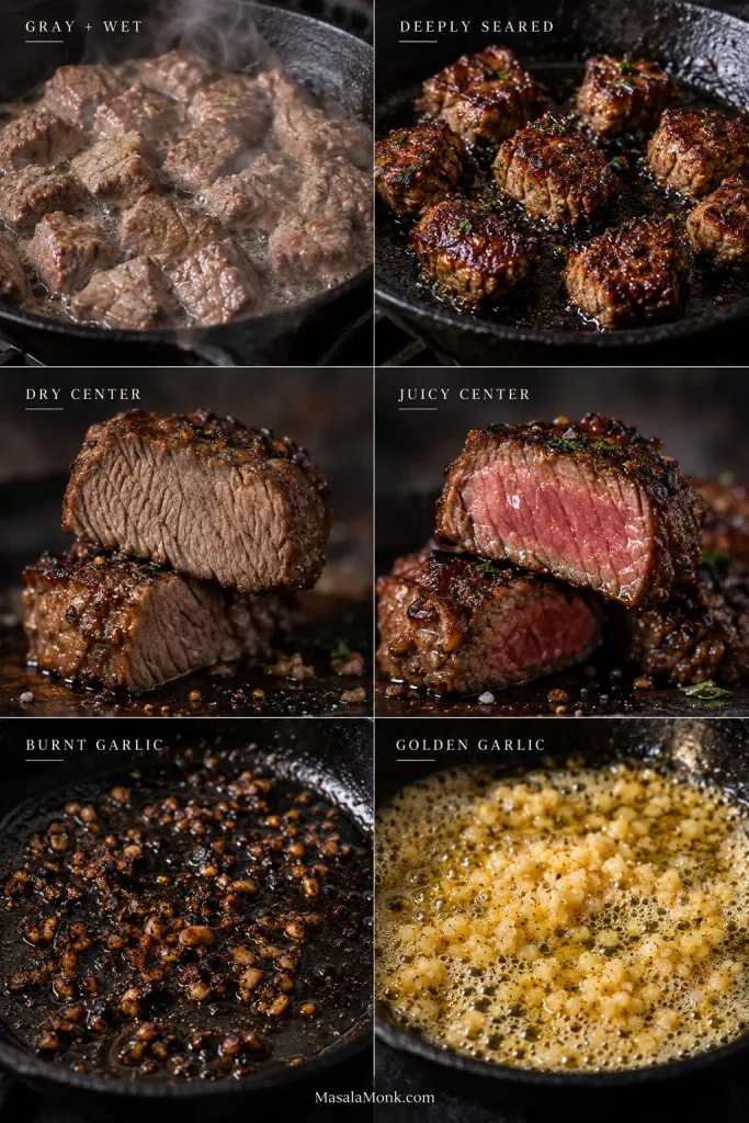 Troubleshooting guide comparing gray wet steak with deeply seared steak, dry and juicy centers, and burnt versus golden minced garlic.