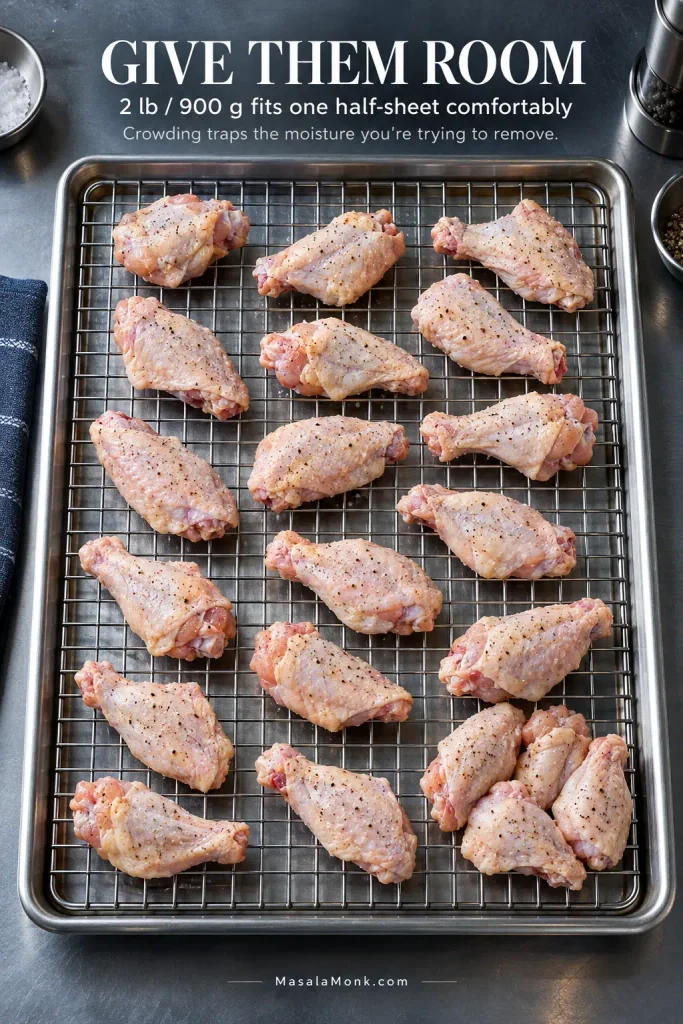 Raw seasoned chicken wings spaced apart on a wire rack over a rimmed sheet pan, with a small crowded group of touching wings for comparison.