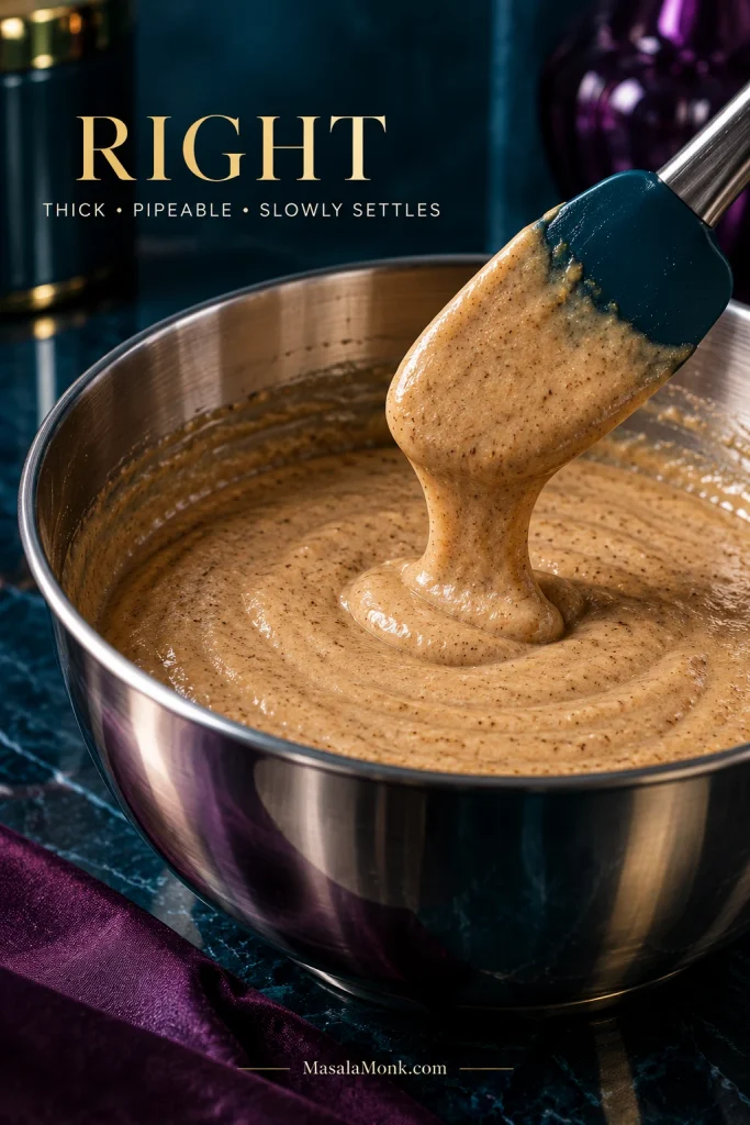 Thick speckled donut batter falling in a short ribbon from a spatula into a stainless steel bowl, labeled right and slowly settles.