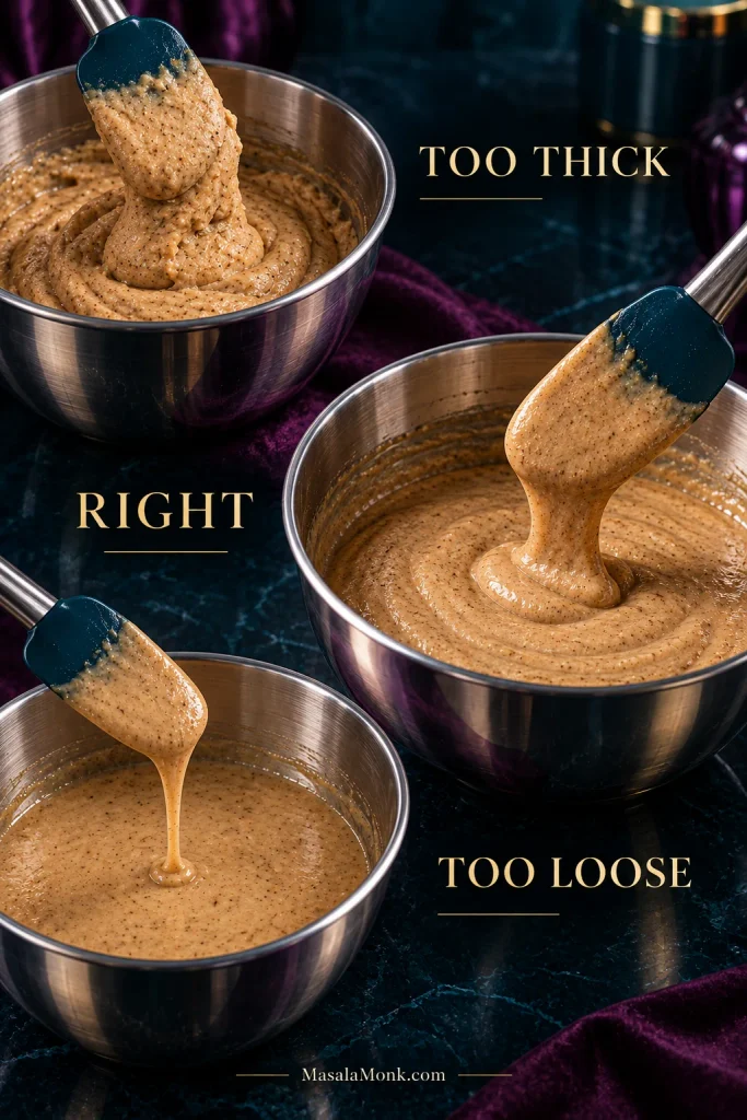 Three bowls of apple cider donut batter labeled too thick, right and too loose, showing progressively thinner consistency.