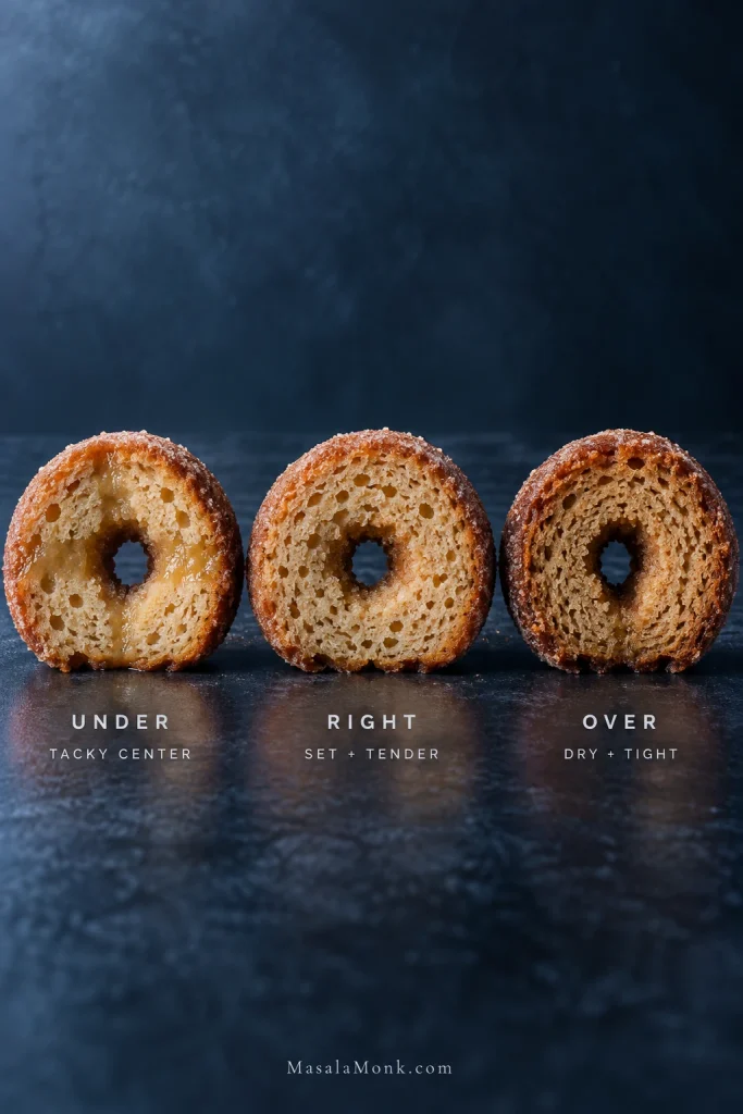 Three cut apple cider donuts labeled under, right and over, showing tacky, tender and dry interior textures.