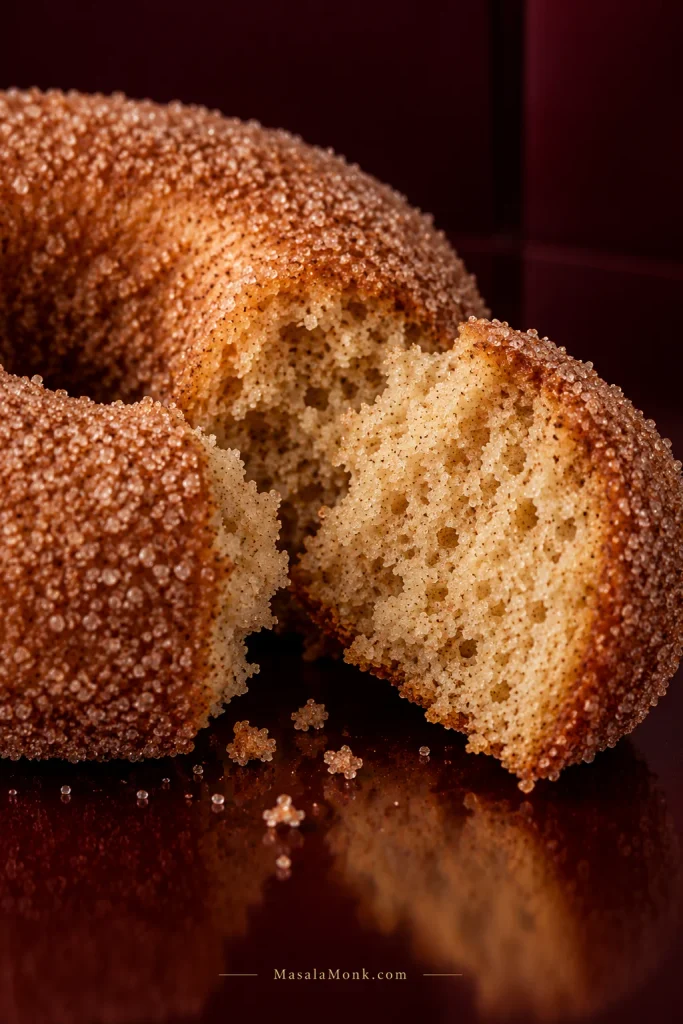 Close-up of a broken cinnamon-sugar donut showing a fine, evenly baked cake crumb and golden outer edge.