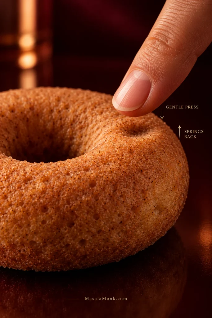 Fingertip gently pressing the surface of a plain baked donut, with arrows indicating gentle press and springs back.