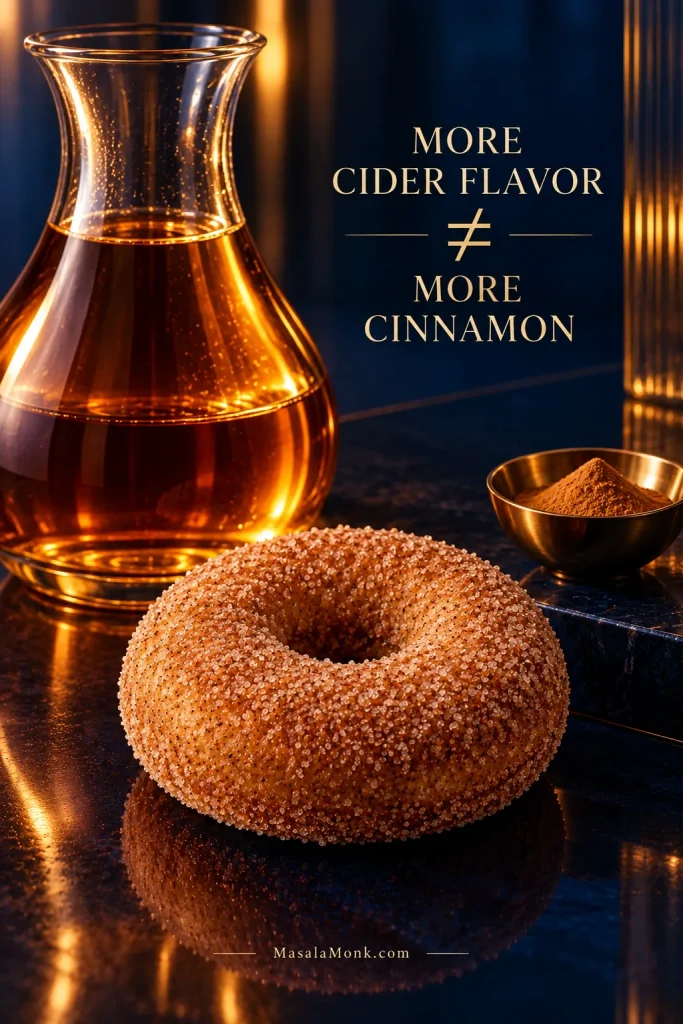 Glowing amber apple cider, a cinnamon-sugar donut and a small amount of ground cinnamon arranged on a deep cobalt set.
