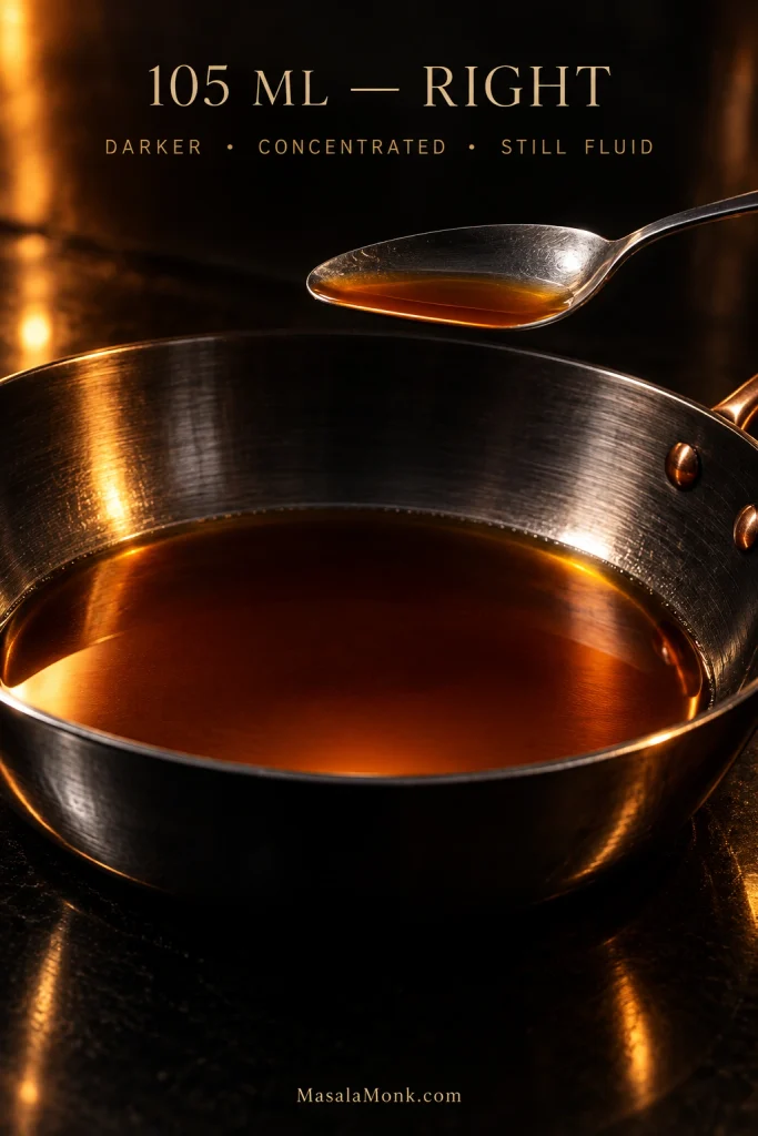 Dark amber reduced apple cider coating a metal spoon above a shallow pan of fluid cider, labeled 105 milliliters right.