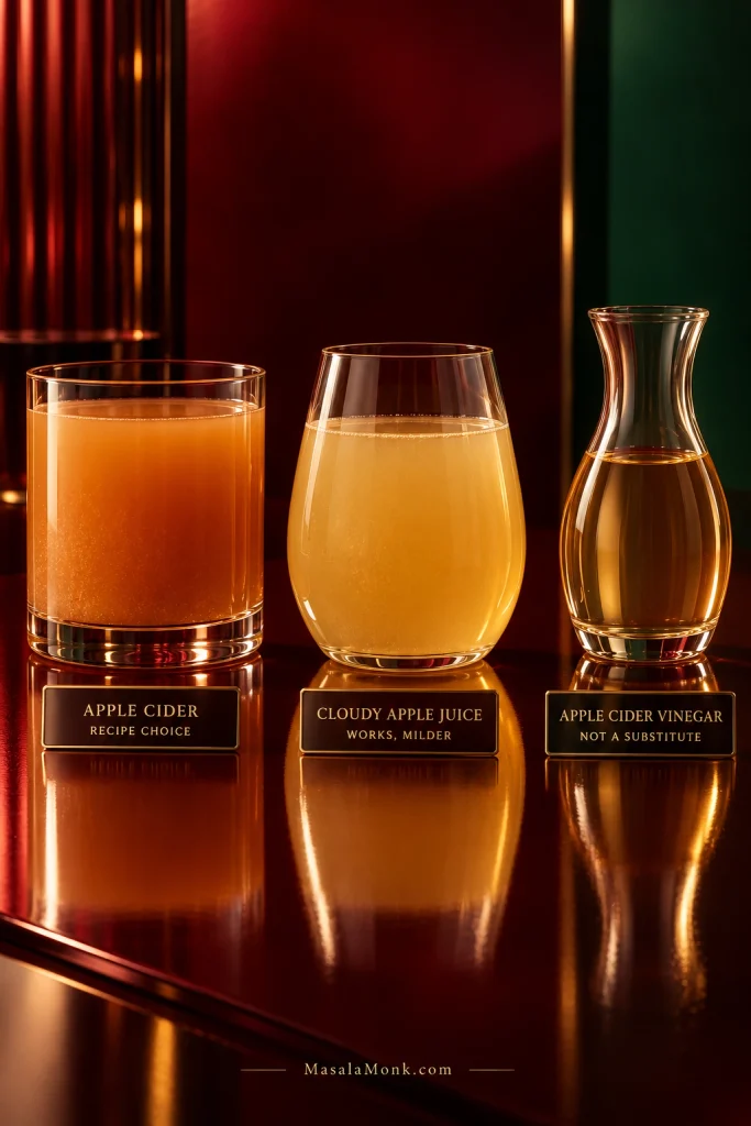 Three glasses labeled apple cider, cloudy apple juice and apple cider vinegar, showing cloudy amber, lighter golden and clearer pale liquids.