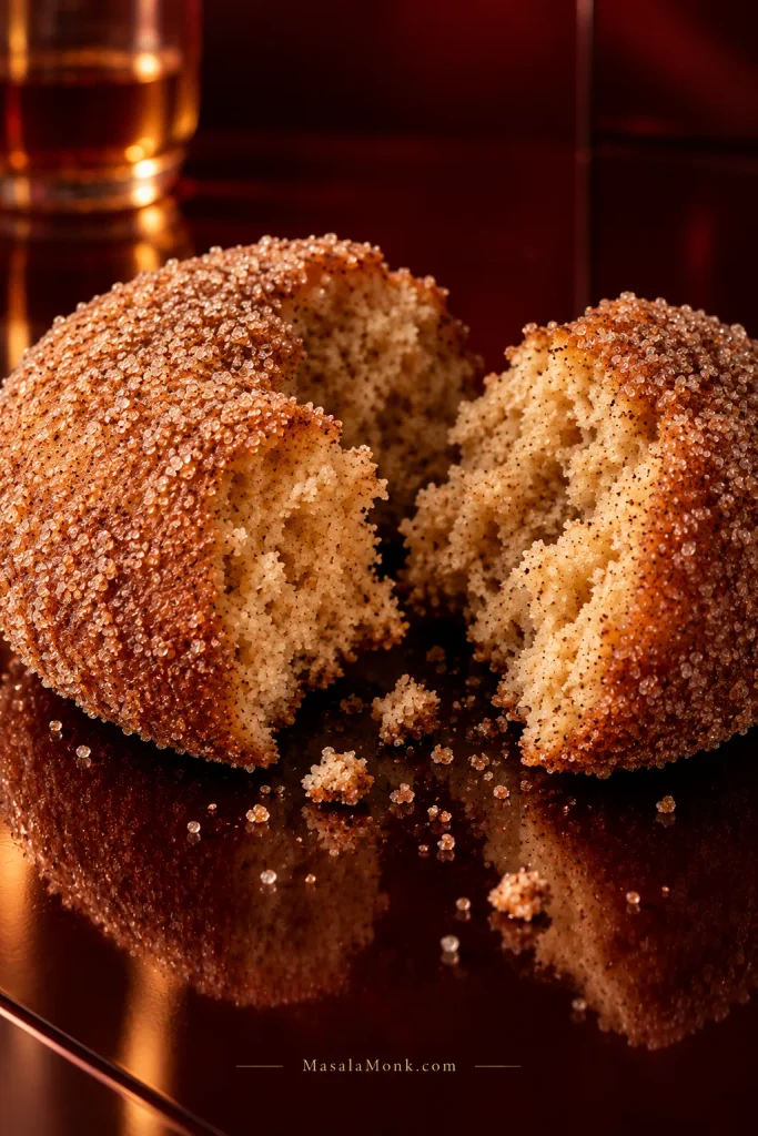 Warm cinnamon-sugar apple cider donut torn open on a glossy burgundy surface, with loose crumbs and the soft interior exposed.