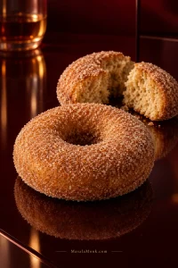 Two cinnamon-sugar baked apple cider donuts on deep burgundy lacquer, with one broken open to reveal the soft cake crumb.